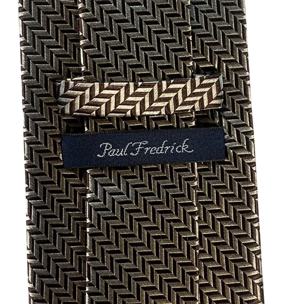 Paul Fredrick Mens Silk Tie Herringbone Pattern‎ Gold Brown Formal NWT